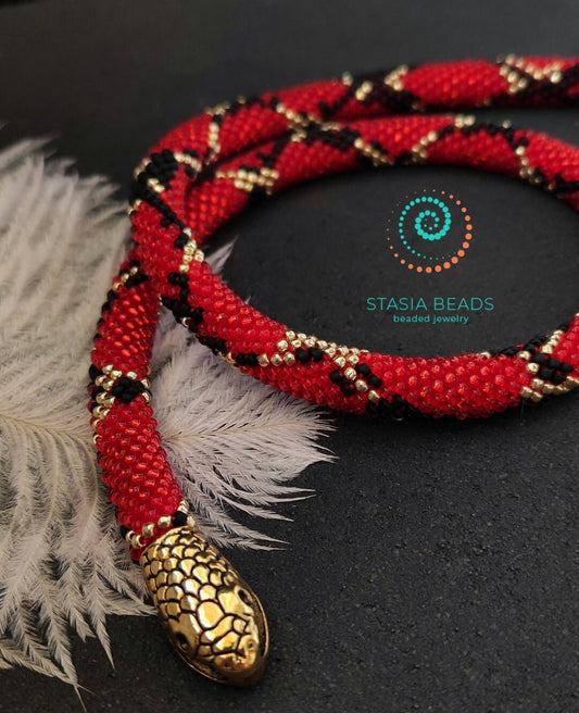 Milk snake necklace, red snake necklace, beaded snake necklace, Serpent choker