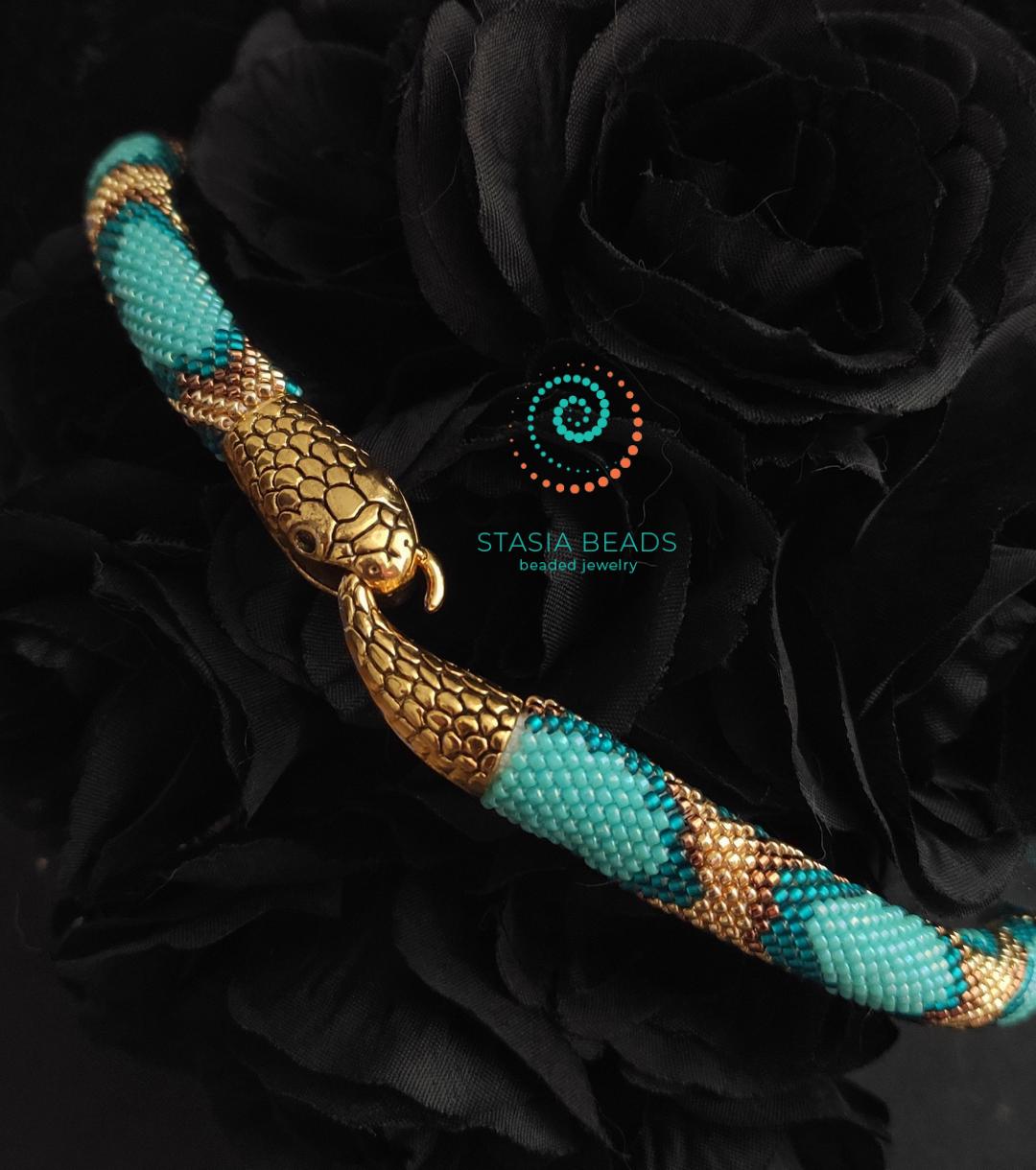 Turquoise Snake Necklace - Handcrafted Beaded Serpent Choker, Bead Crochet Snake Necklace from StasiaBeads