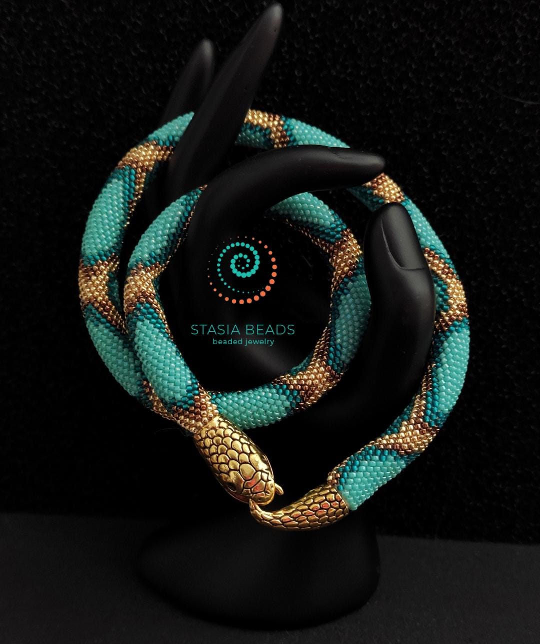 Turquoise Snake Necklace - Handcrafted Beaded Serpent Choker, Bead Crochet Snake Necklace from StasiaBeads