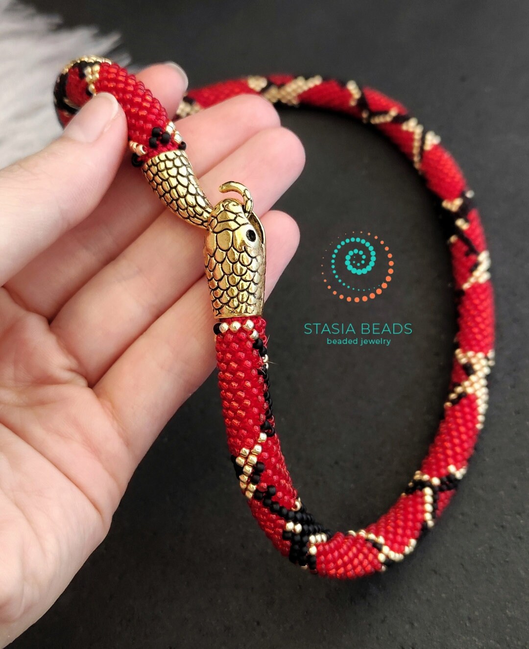 Milk snake necklace, red snake necklace, beaded snake necklace, Serpent choker