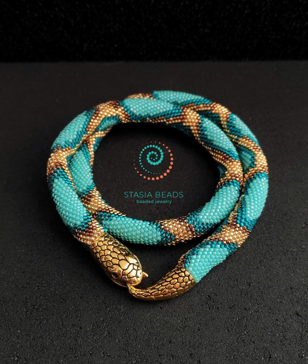Turquoise Snake Necklace - Handcrafted Beaded Serpent Choker, Bead Crochet Snake Necklace from StasiaBeads