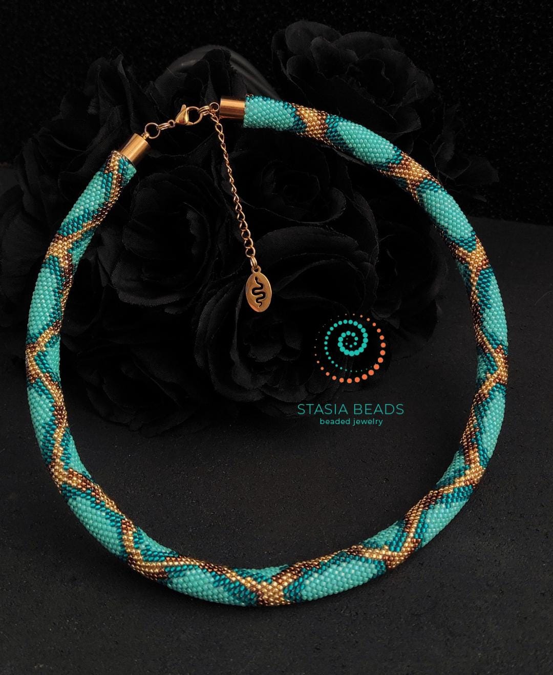 Turquoise Snake Necklace - Handcrafted Beaded Serpent Choker, Bead Crochet Snake Necklace from StasiaBeads