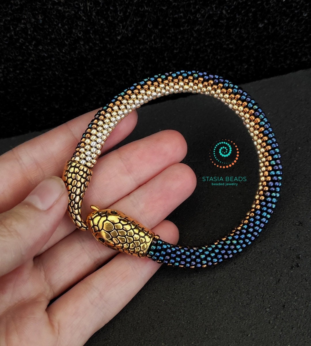 Beaded snake bracelet, Ouroboros bracelet, Serpent bracelet - 18K Gold Plated Snake clasp