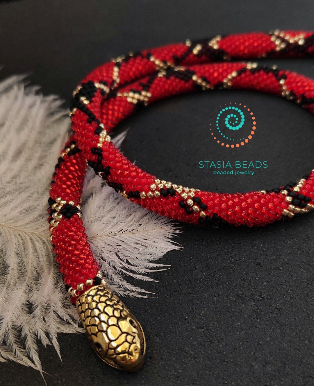 Milk snake necklace, red snake necklace, beaded snake necklace, Serpent choker