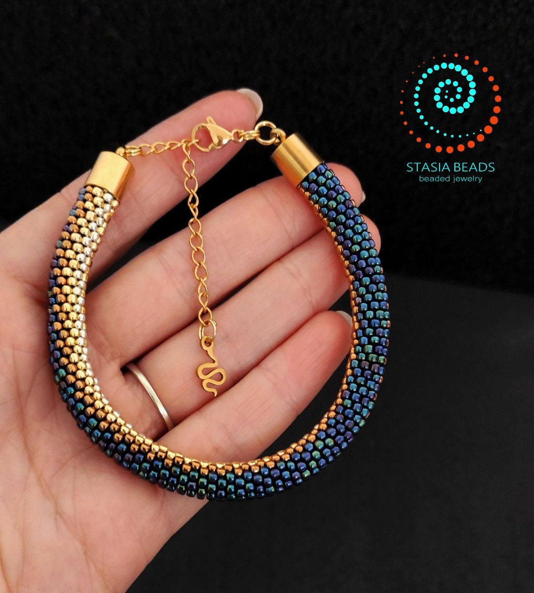 Beaded snake bracelet, Ouroboros bracelet, Serpent bracelet - 18K Gold Plated Snake clasp
