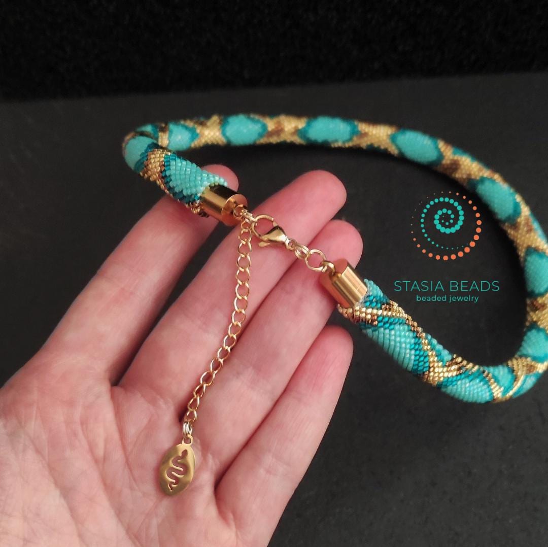 Turquoise Snake Necklace - Handcrafted Beaded Serpent Choker, Bead Crochet Snake Necklace from StasiaBeads