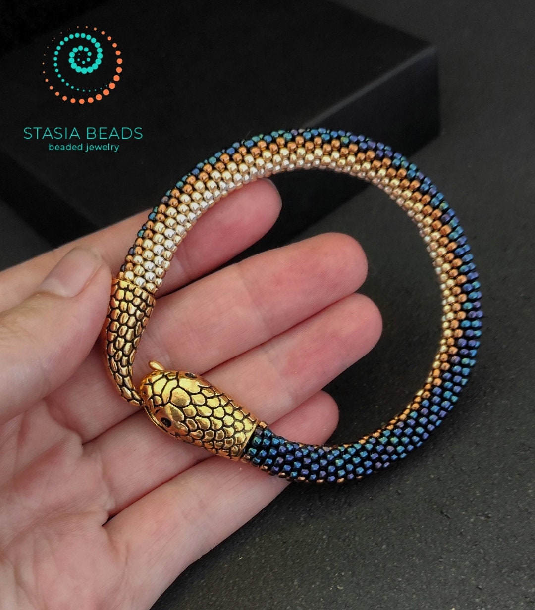 Beaded snake bracelet, Ouroboros bracelet, Serpent bracelet - 18K Gold Plated Snake clasp
